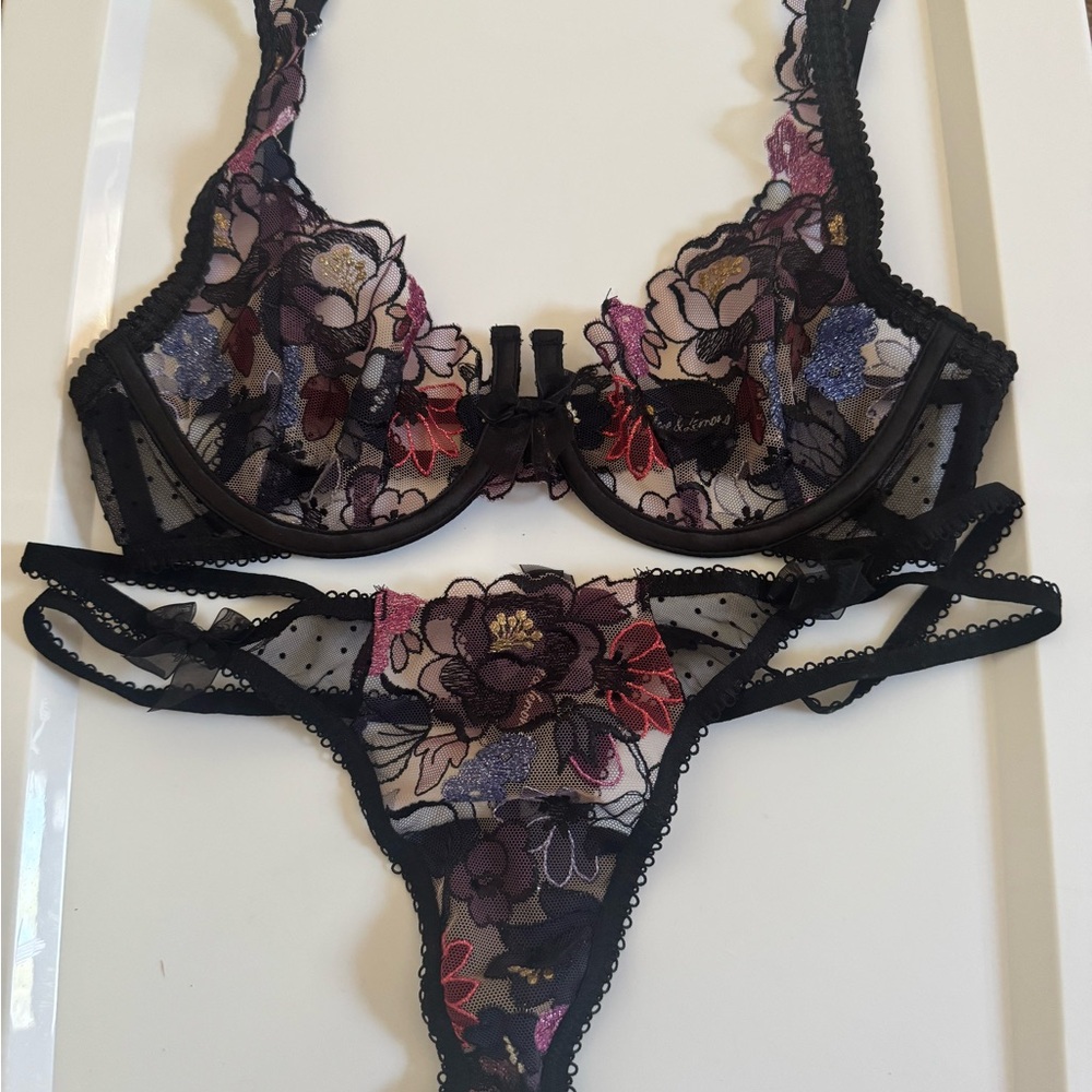 For Love And Lemons Black and Purple Floral Lace Bra Set